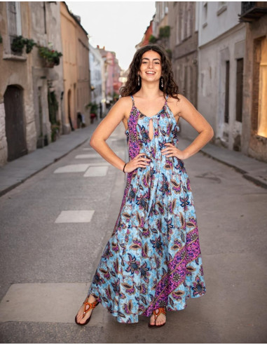 KM2027D - Long light blue silk dress with...