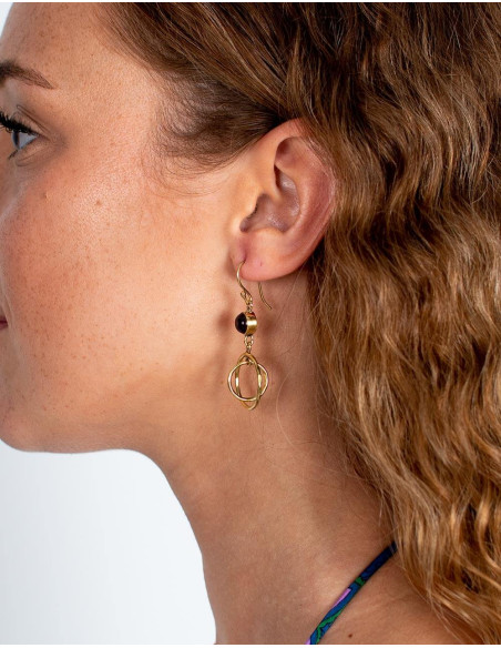 SPE0068 - Boucles d'oreilles en or avec cercles et pierre minérale artisanale