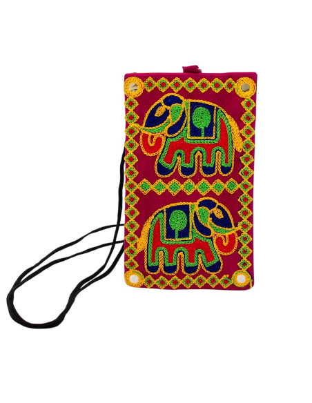 BBA0031 - Sac bandoulière ethnique à broderies d'éléphants, Inde Kimago
